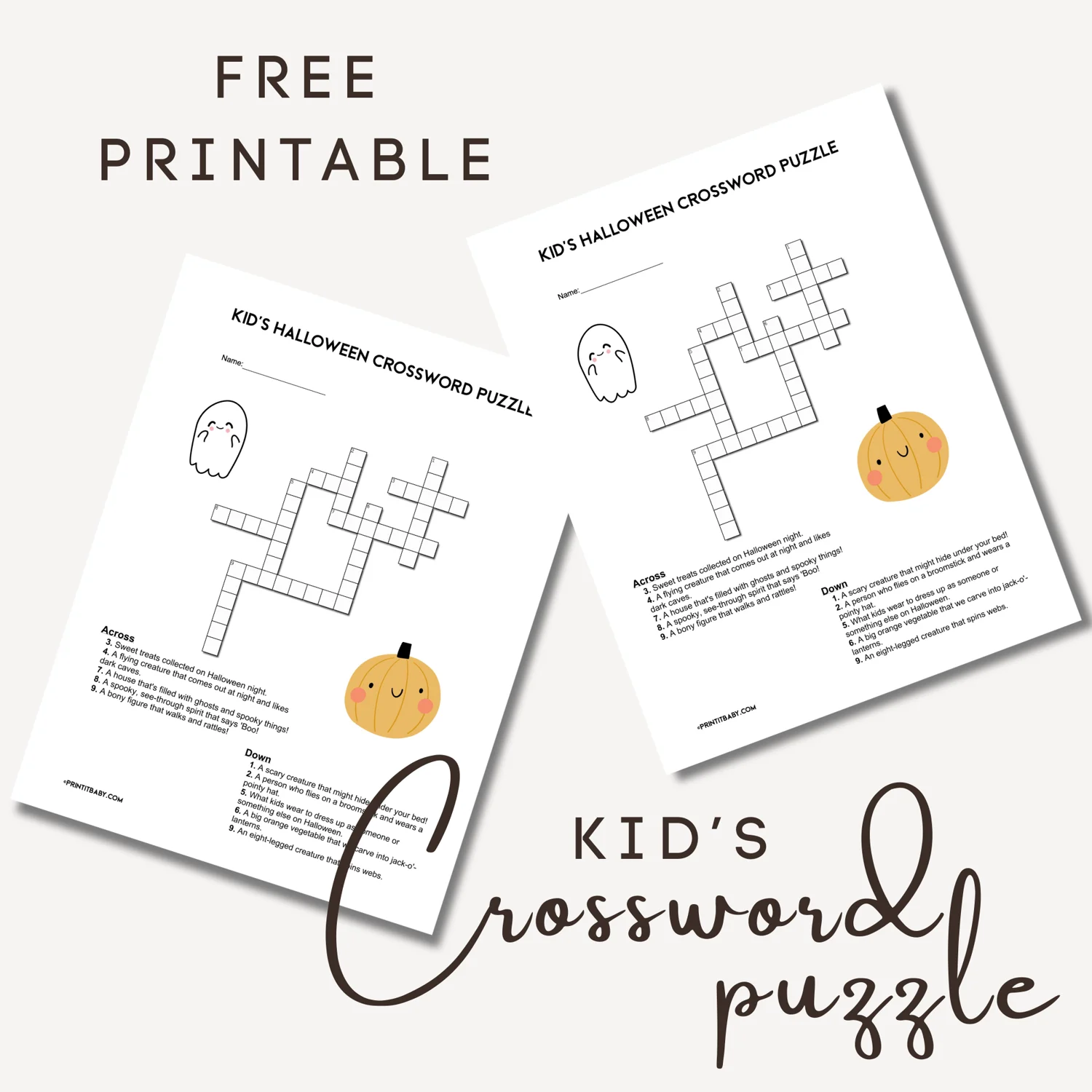 Free Printable Kids Halloween Crossword Puzzle