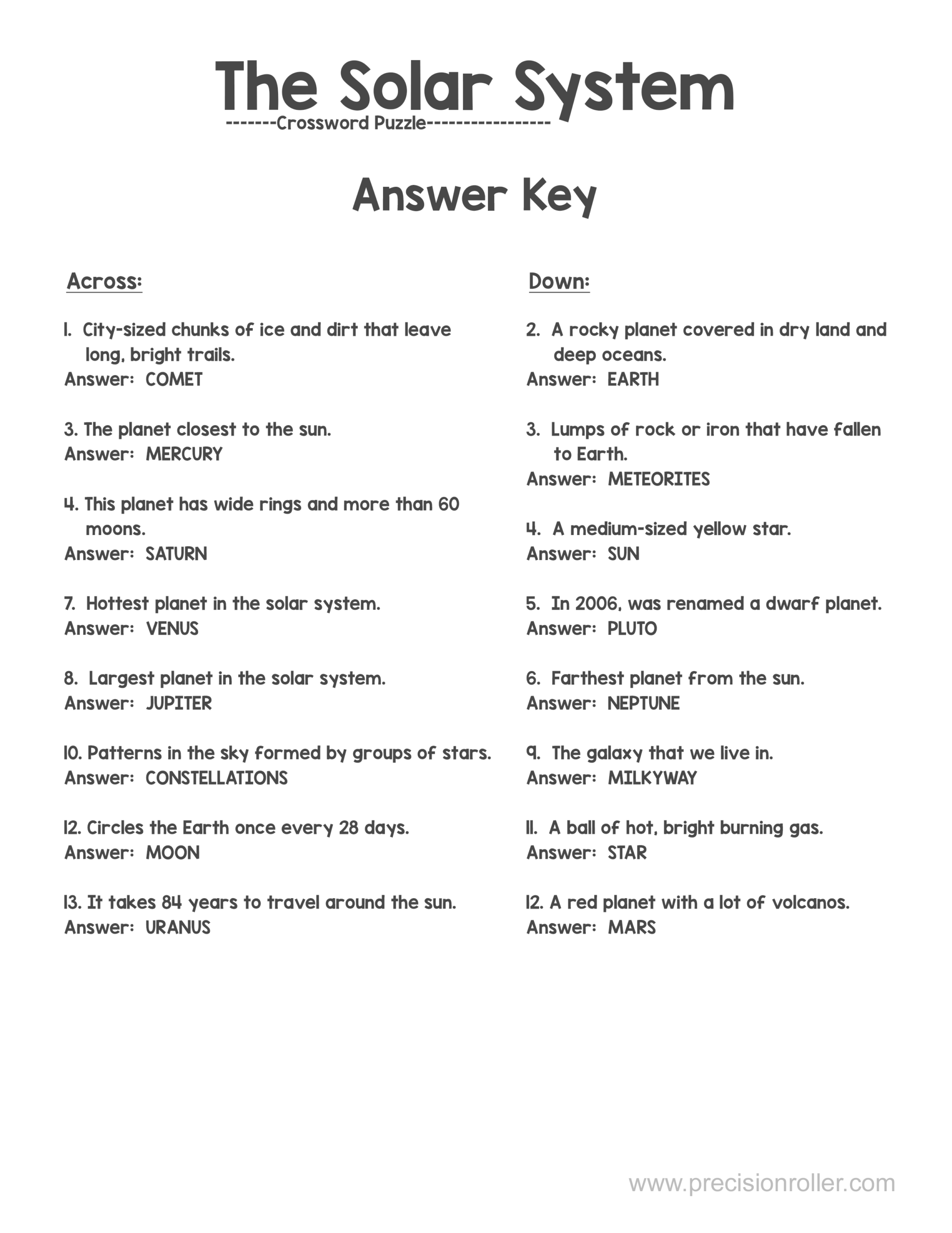 Free Printable Solar System Themed Crossword Puzzle Precision Printables