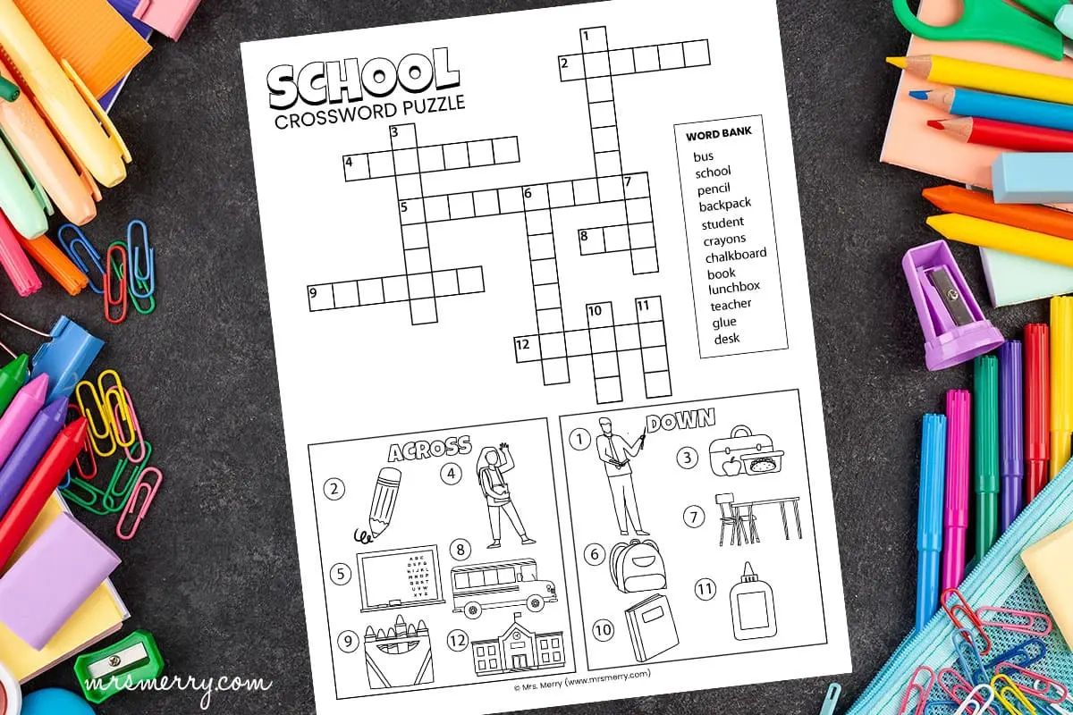 Free School Crossword Puzzle With Picture Clues Mrs Merry