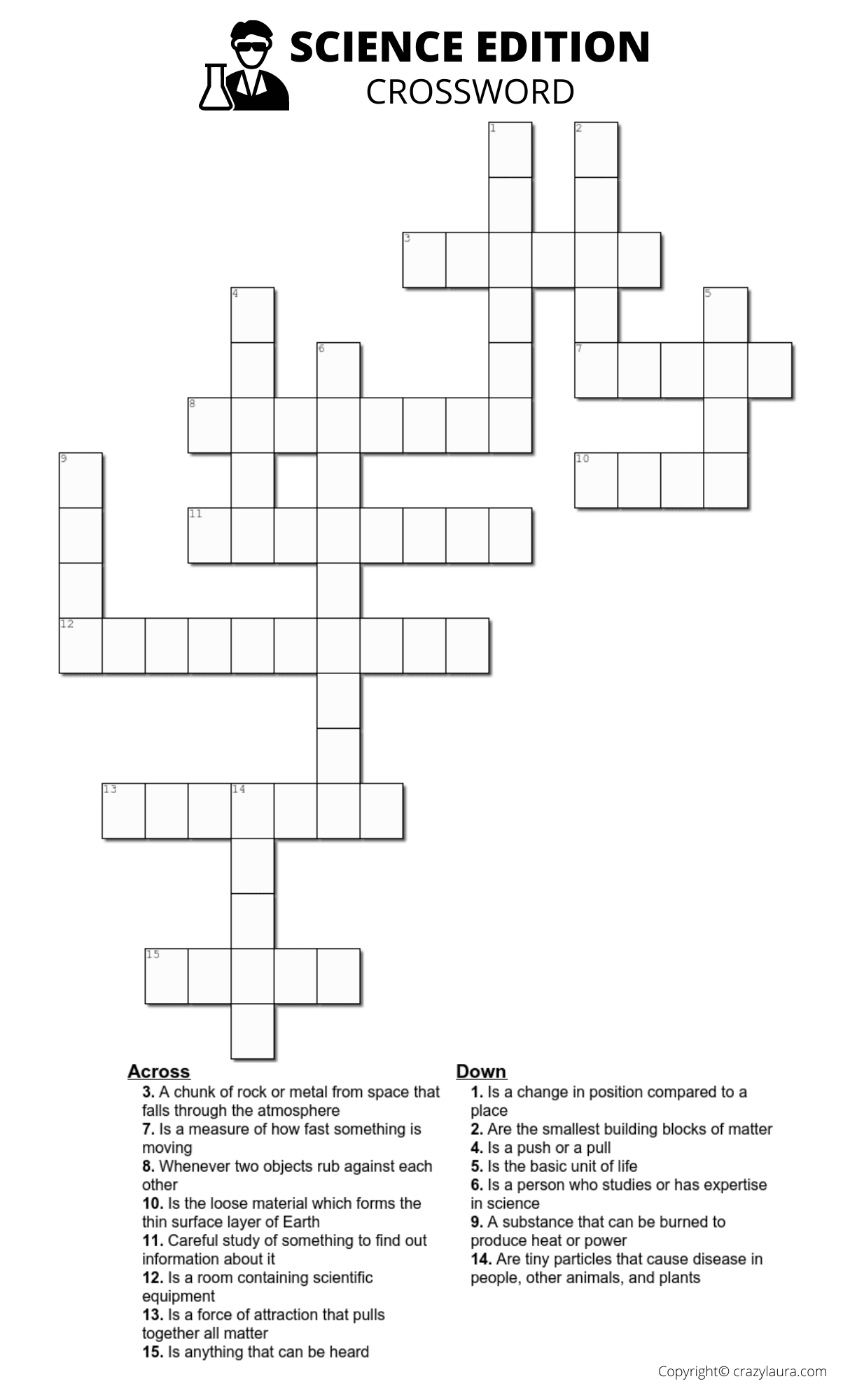 Free Science Crossword Printable Game Sheets Crazy Laura