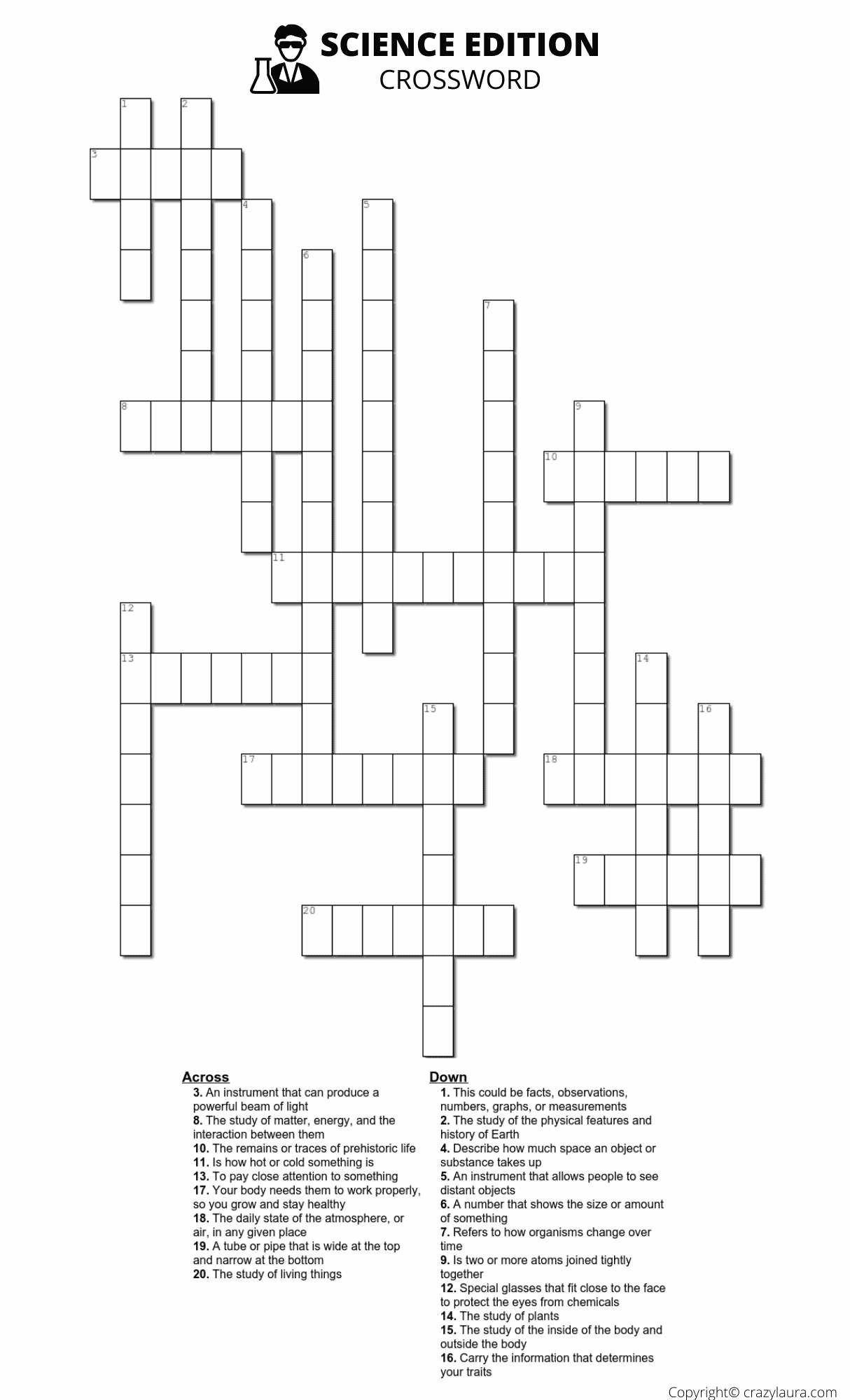 Free Science Crossword Printable Game Sheets Crazy Laura