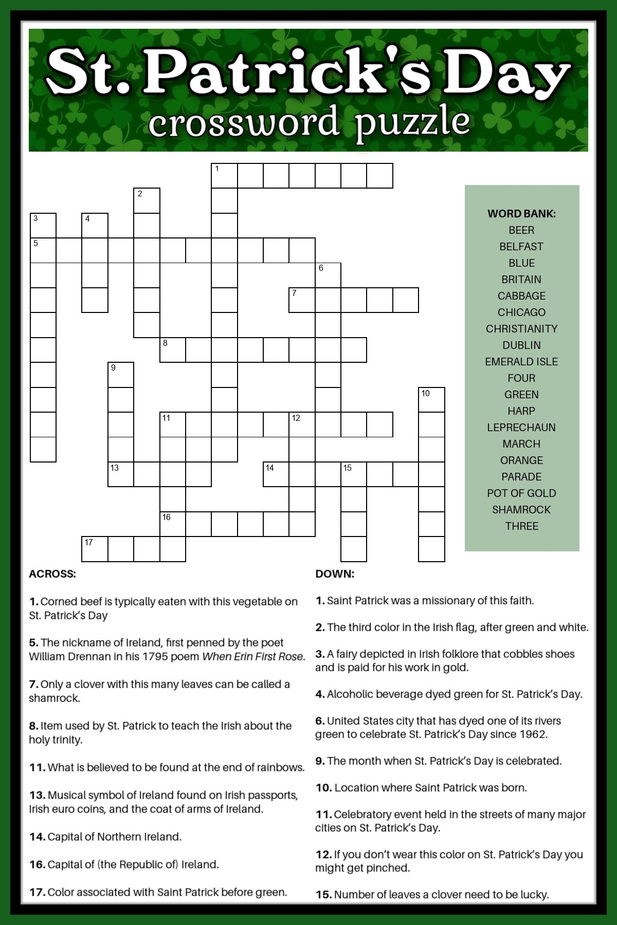 Free St Patrick s Day Crossword Puzzle Answer Key Included Free St Patrick s Day Crossword Puzzle Answer Key Included