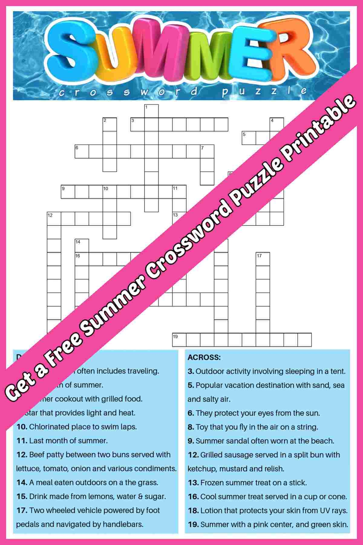 Free Summer Crossword Puzzle 2 Versions Answers Included Free Summer Crossword Puzzle 2 Versions Answers Included