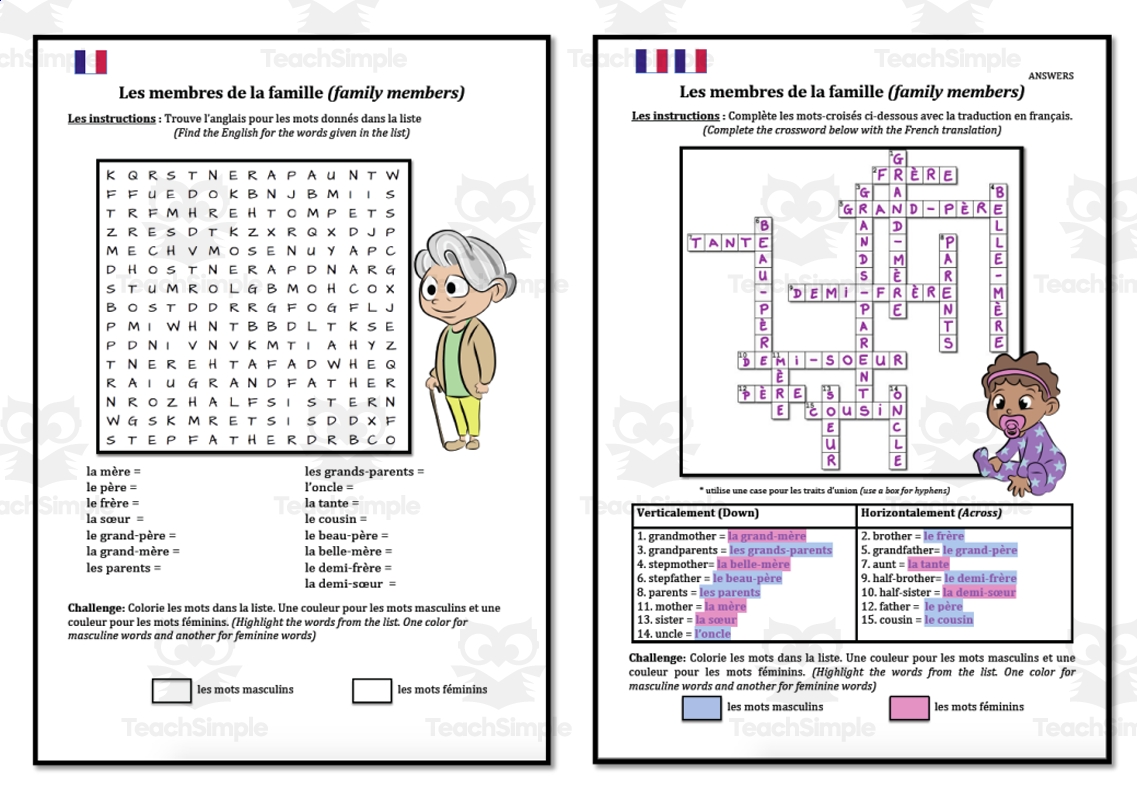 French Family Word Search And Crosswords Games By Teach Simple