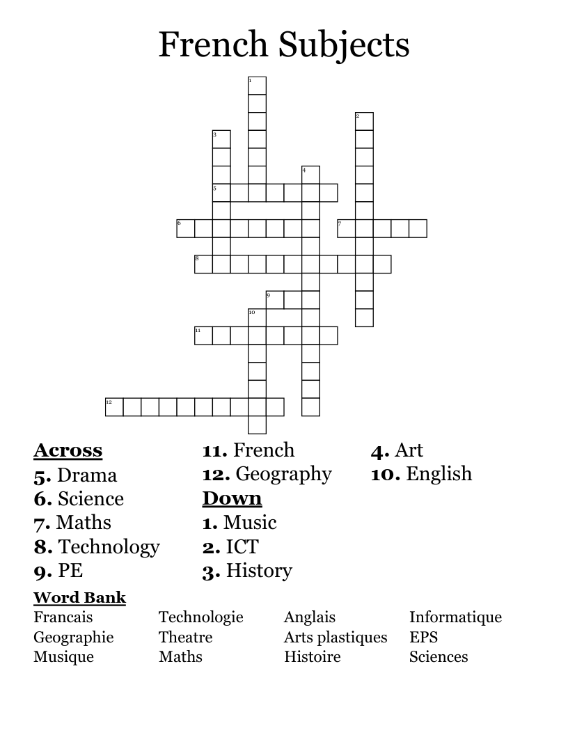 French Subjects Crossword WordMint