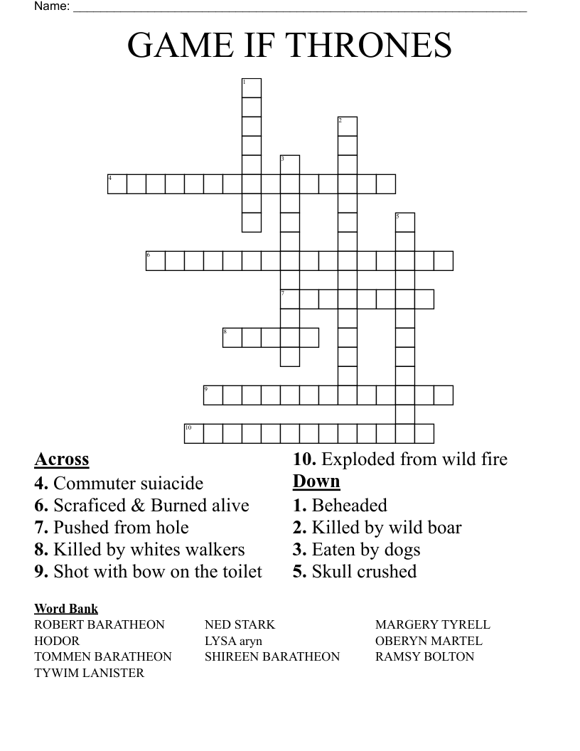 GAME IF THRONES Crossword WordMint