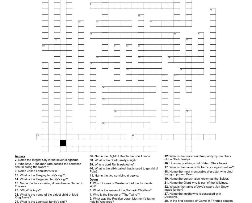 Game Of Thrones Crossword WordMint