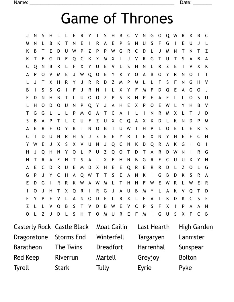 Game Of Thrones Word Search WordMint