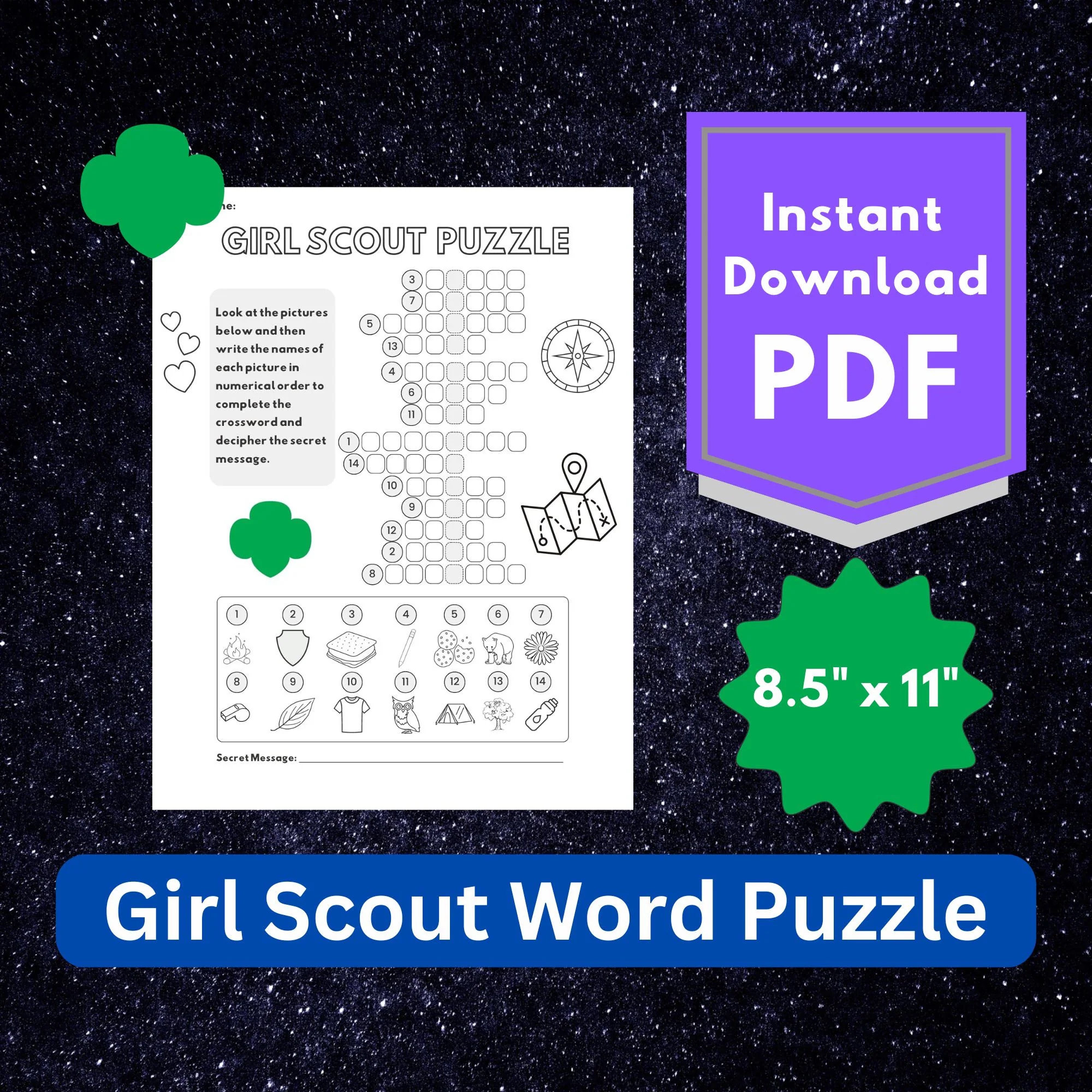 Girl Scouts Crossword Picture Puzzle Camping Coloring Page Daisy Brownie Junior Troop Meeting Activity Worksheet Instant Download Etsy