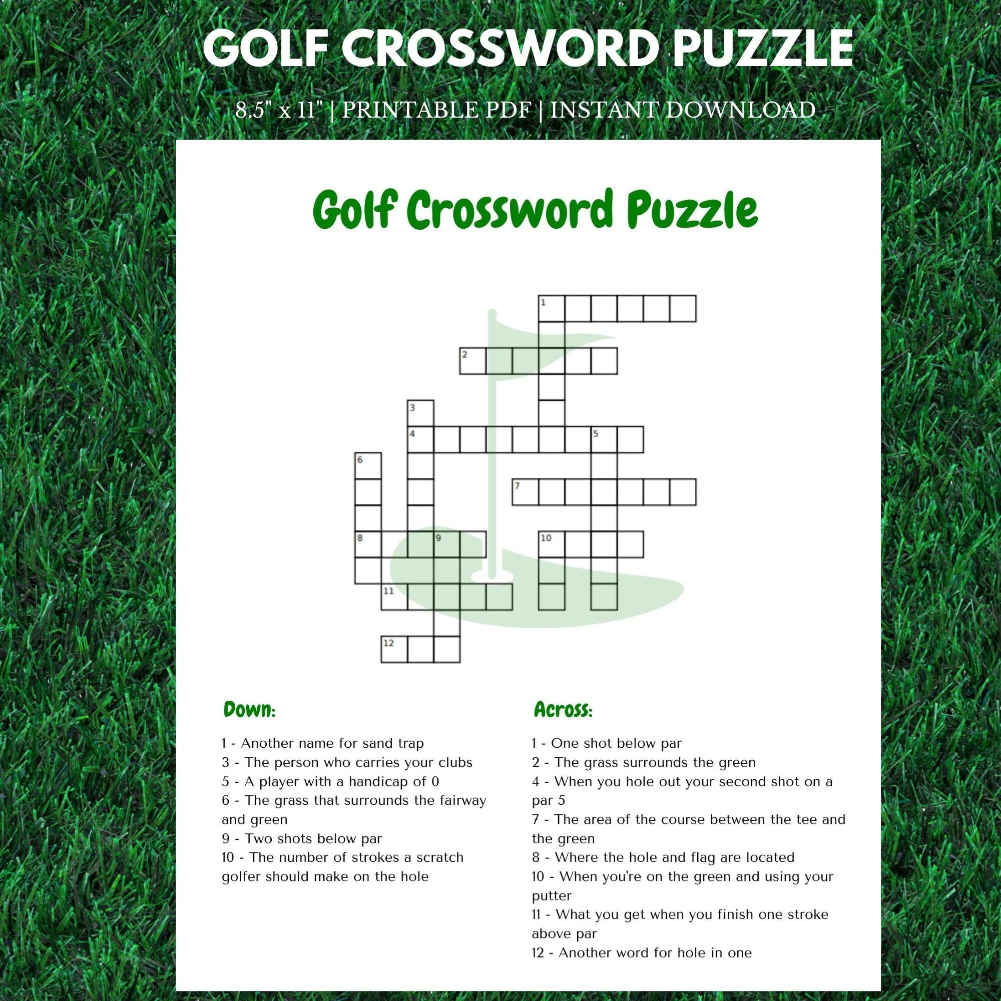 Golf Crossword Puzzle 8 5 X 11 Instant Download Printable Etsy