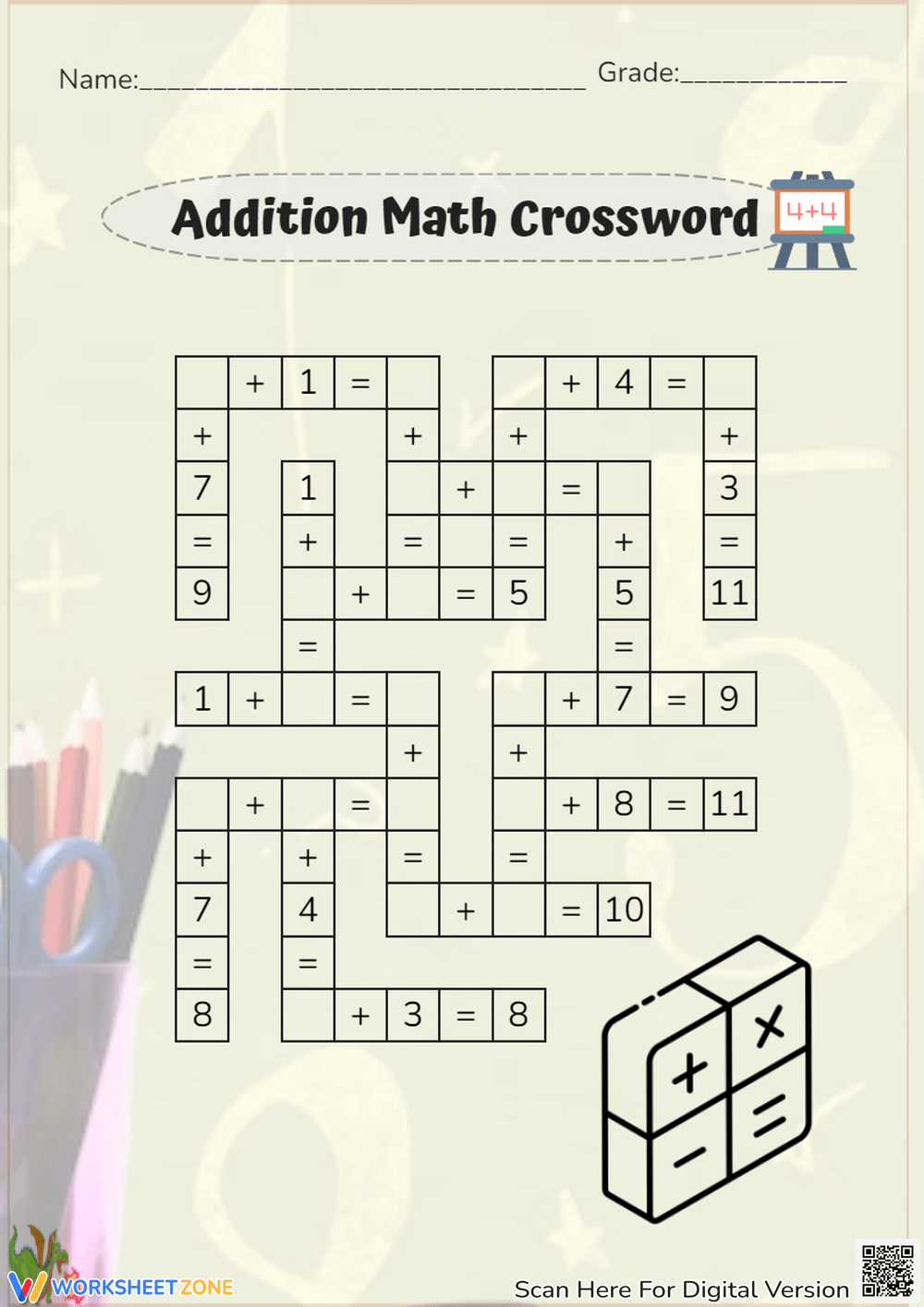 Grade 1 Math Crossword Puzzles Worksheets 2025