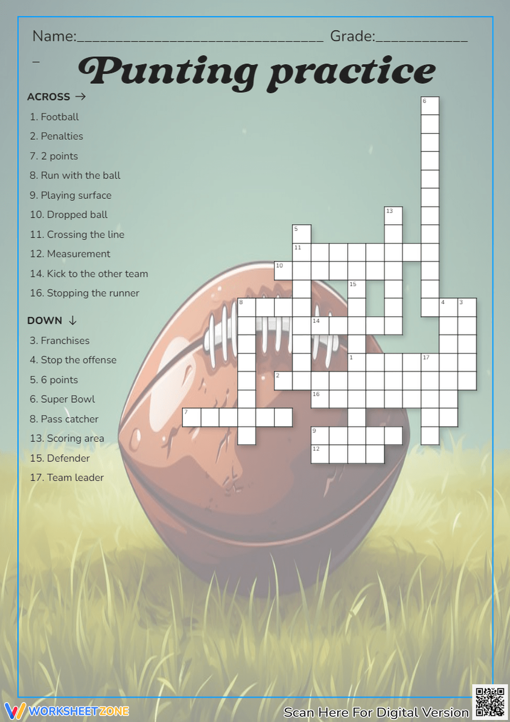 Grade 1 NFL Crossword Puzzle Worksheets