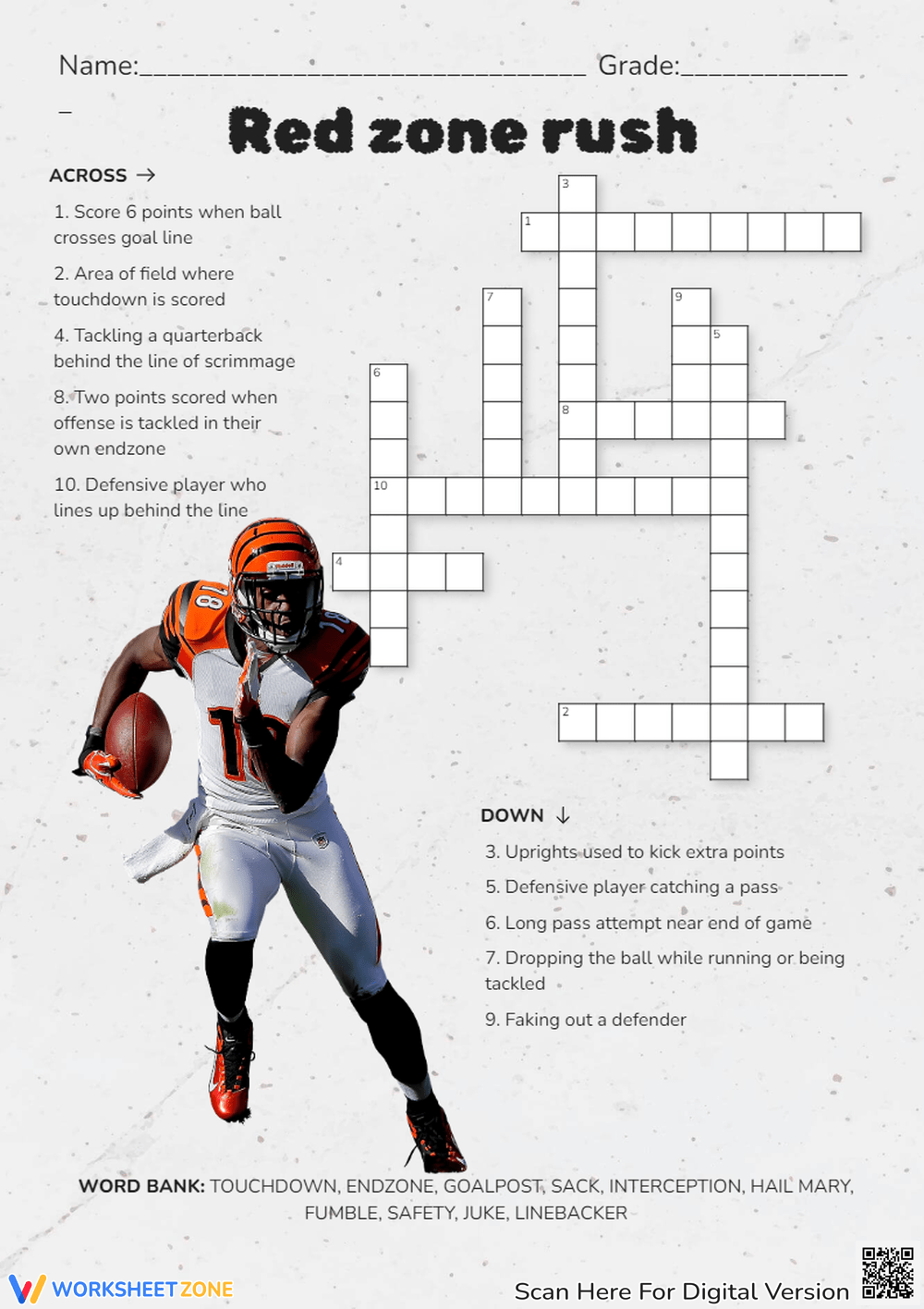 Grade 1 NFL Crossword Puzzle Worksheets