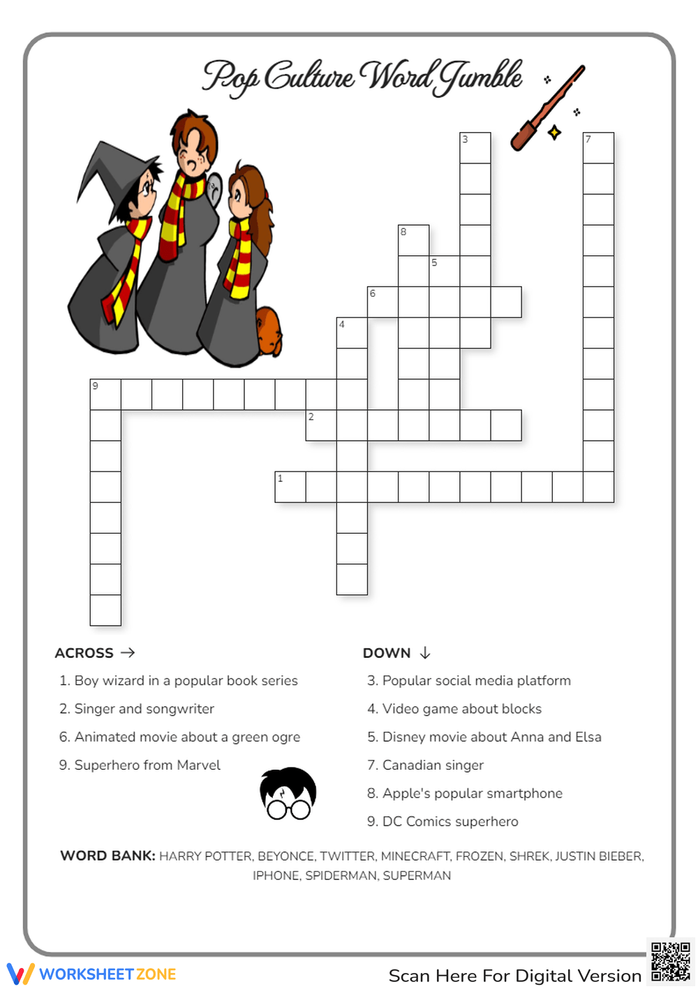 Grade 2 Pop Culture Crossword Puzzles Worksheets Printable