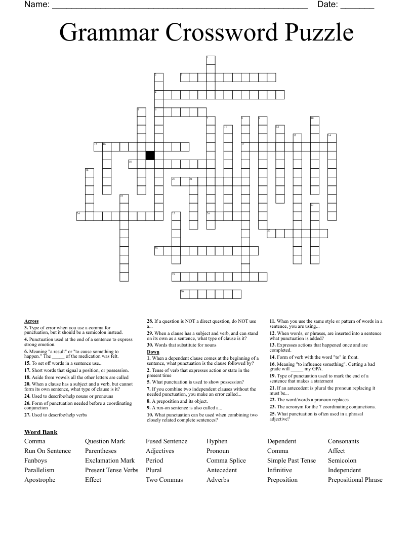 Grammar Crossword Puzzle WordMint Grammar Crossword Puzzle WordMint