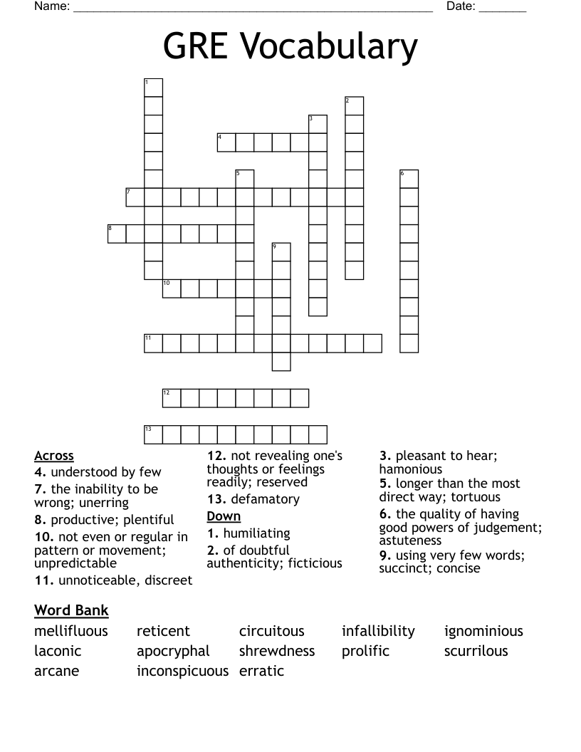 GRE Vocabulary Crossword WordMint GRE Vocabulary Crossword WordMint