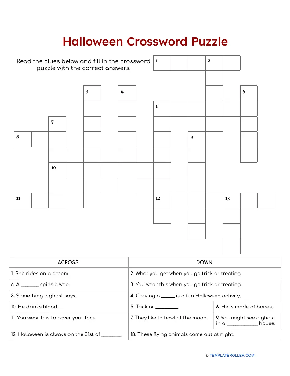 Halloween Crossword Puzzle Worksheet Download Printable PDF Templateroller
