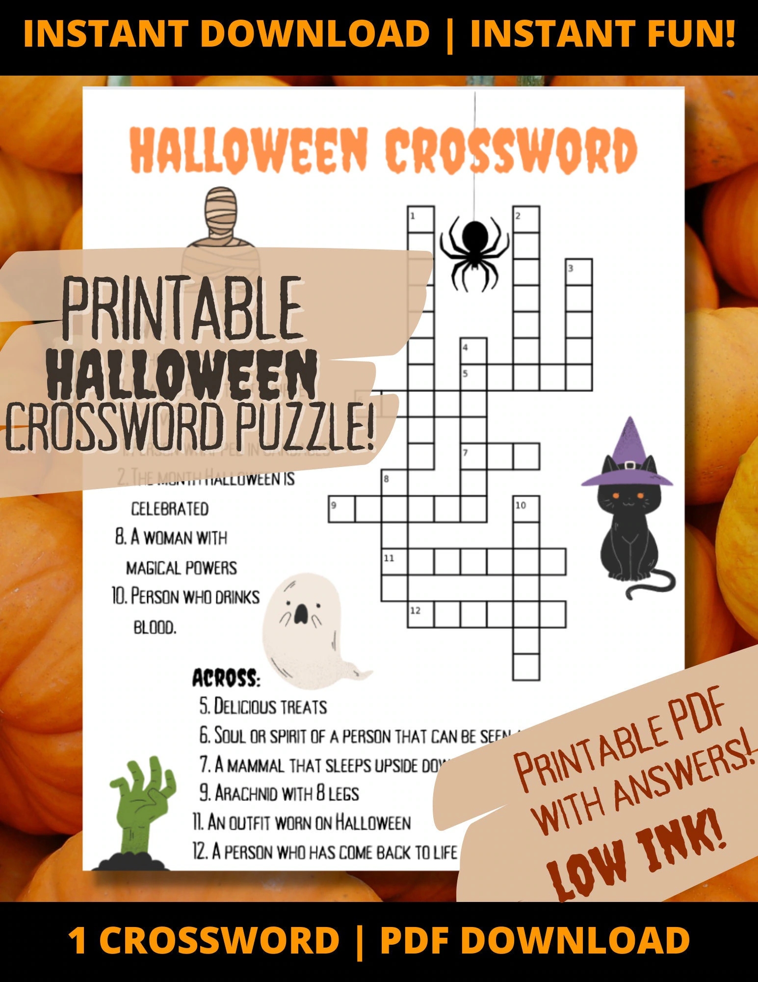 Halloween Printable CROSSWORD PUZZLE with Answer Key Etsy