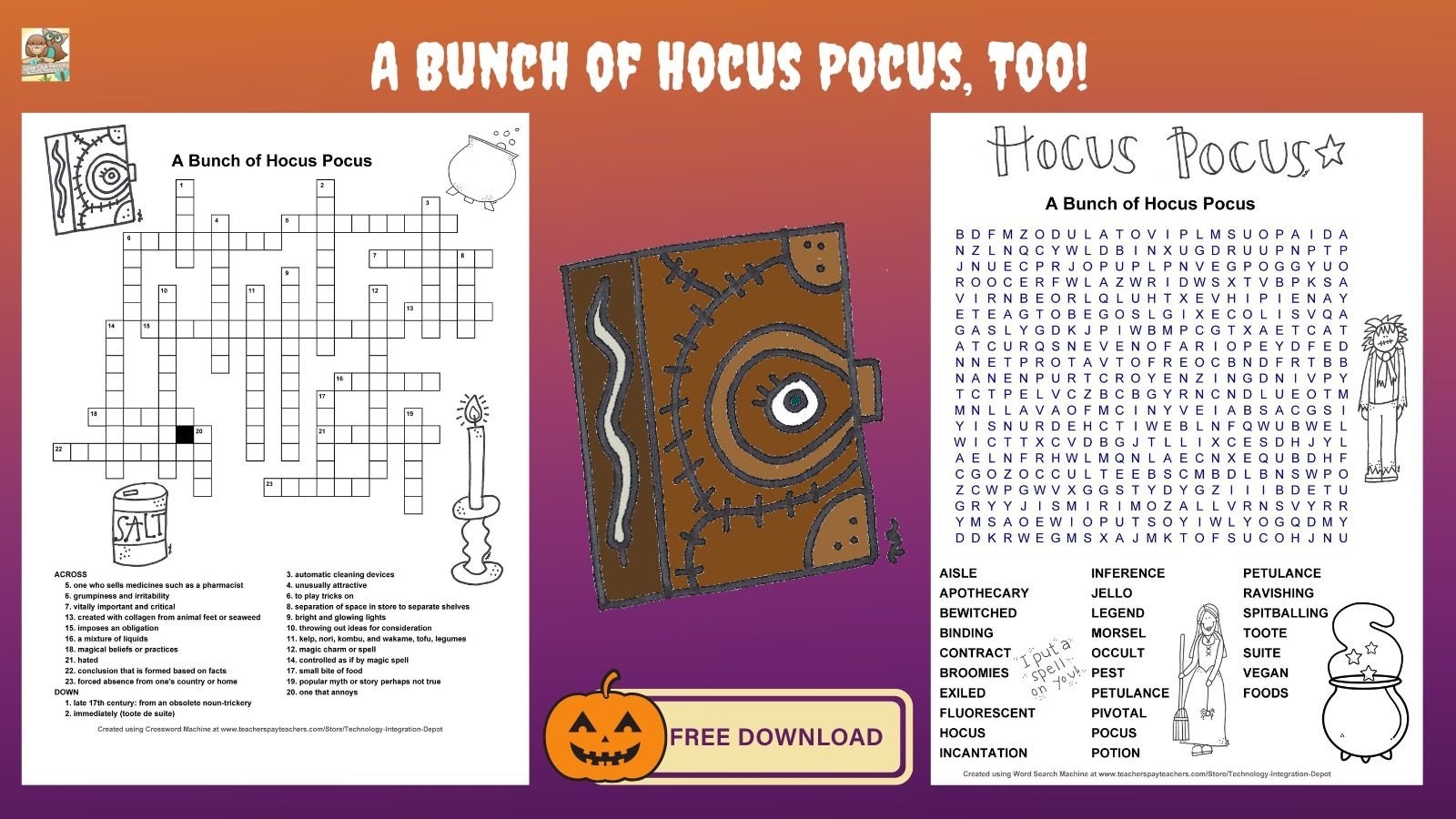 Halloween Word Find And Crossword Puzzle Hocus Pocus Too Freebie Wise Owl Factory