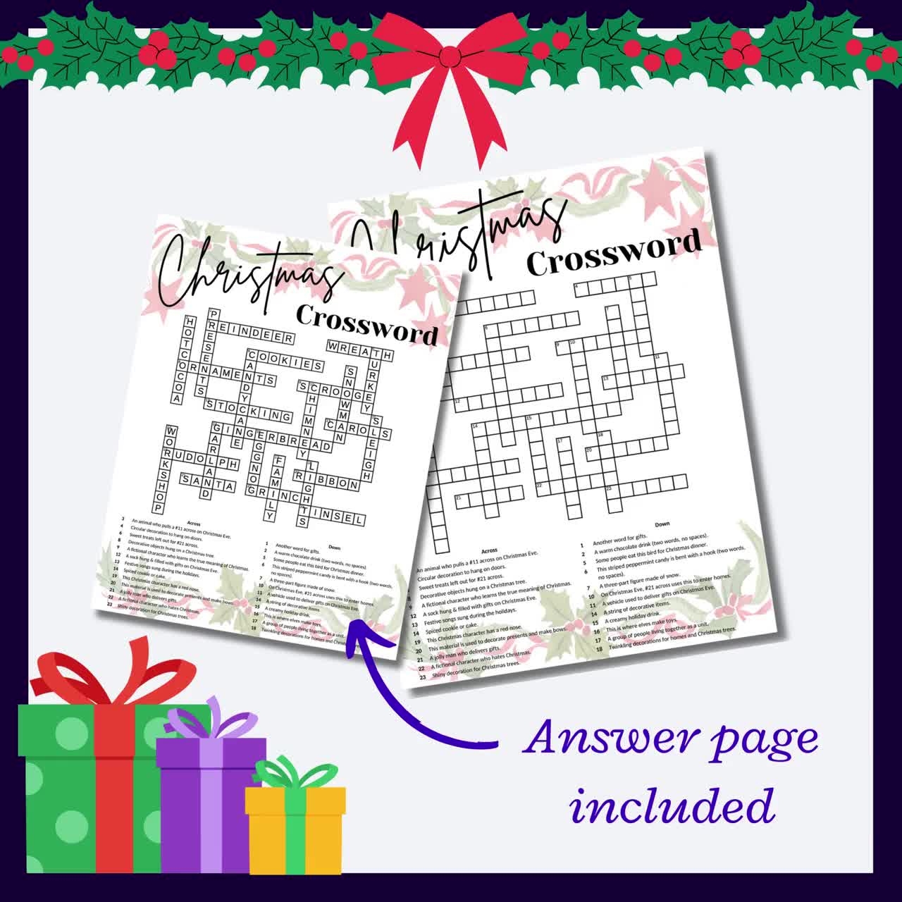 Hard Christmas Crossword Puzzle For Christmas Parties Great Non religious Cross Word Puzzle For Adults teens Etsy