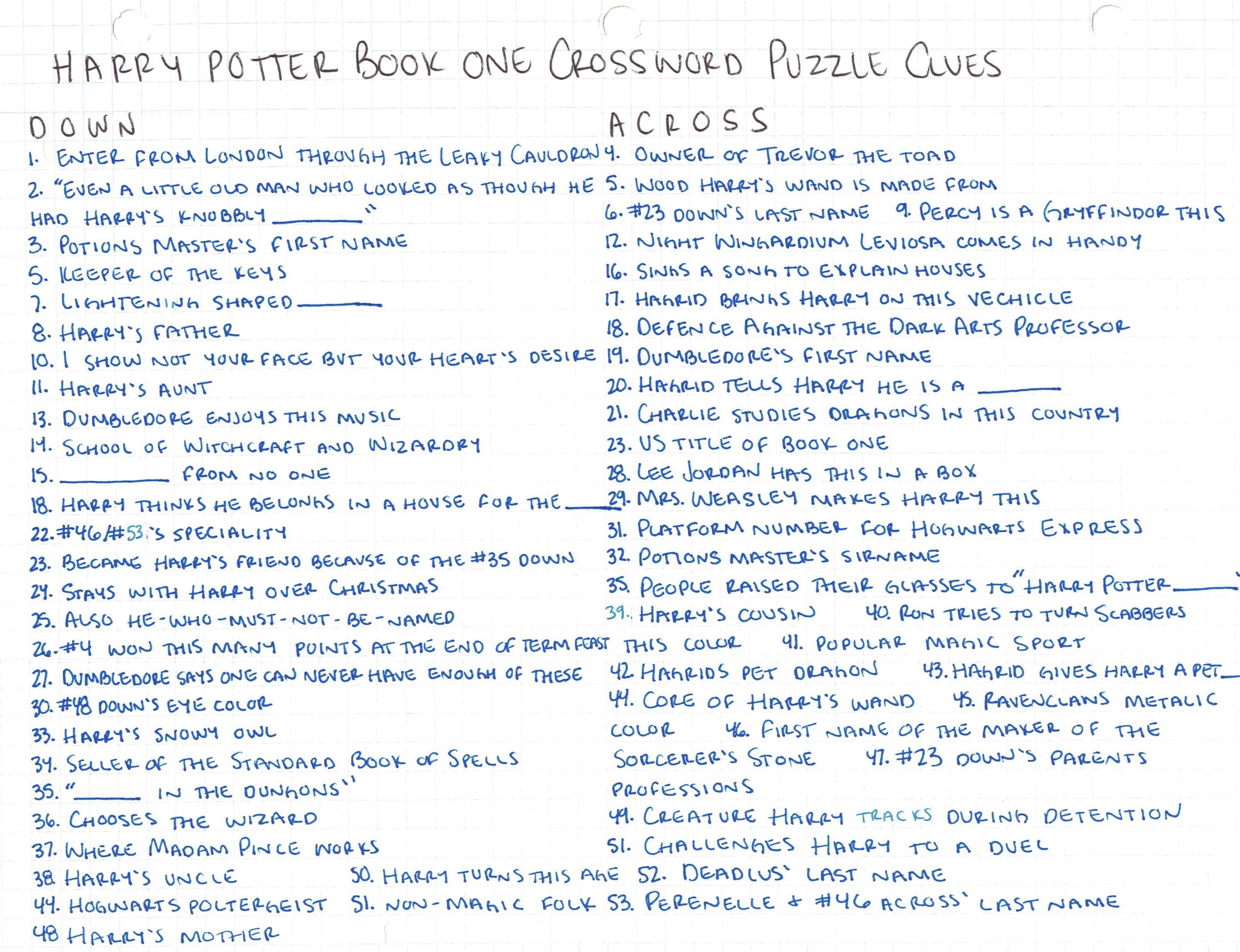 Harry Potter And The Sorcerer s Stone Crossword Puzzle Bayley Reads Books