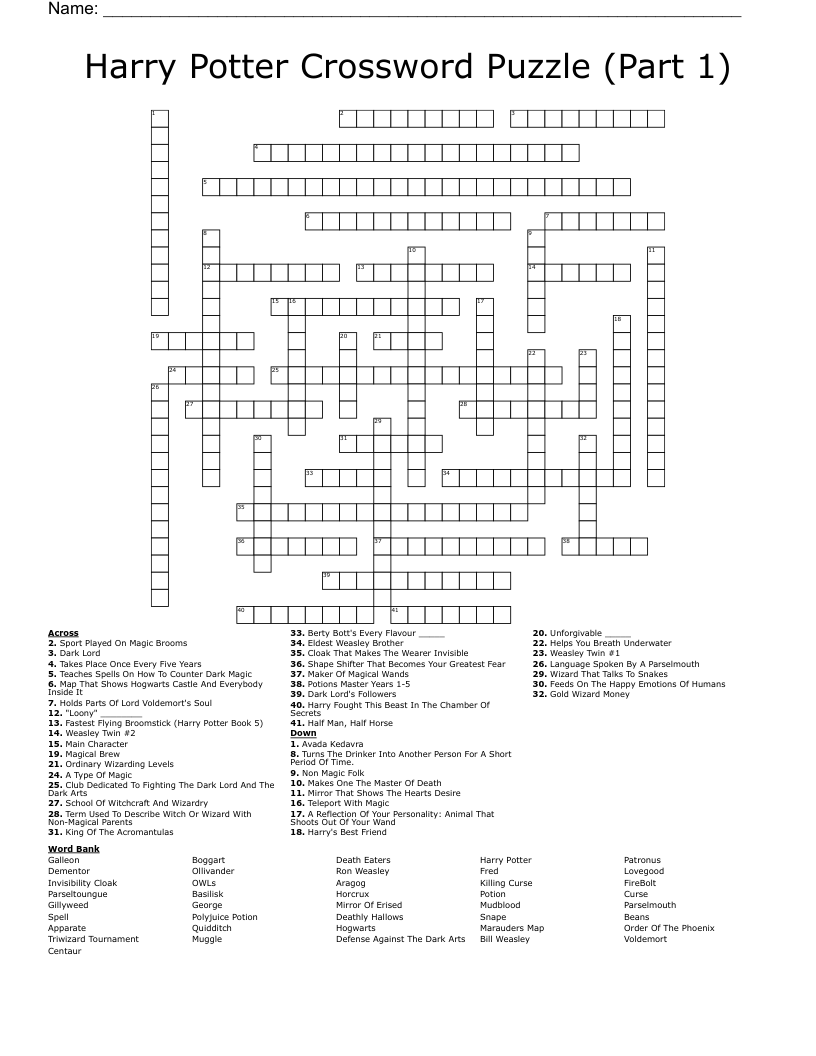 Harry Potter Crossword Puzzle Part 1 WordMint Harry Potter Crossword Puzzle Part 1 WordMint