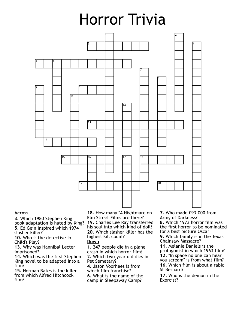 Horror Trivia Crossword WordMint