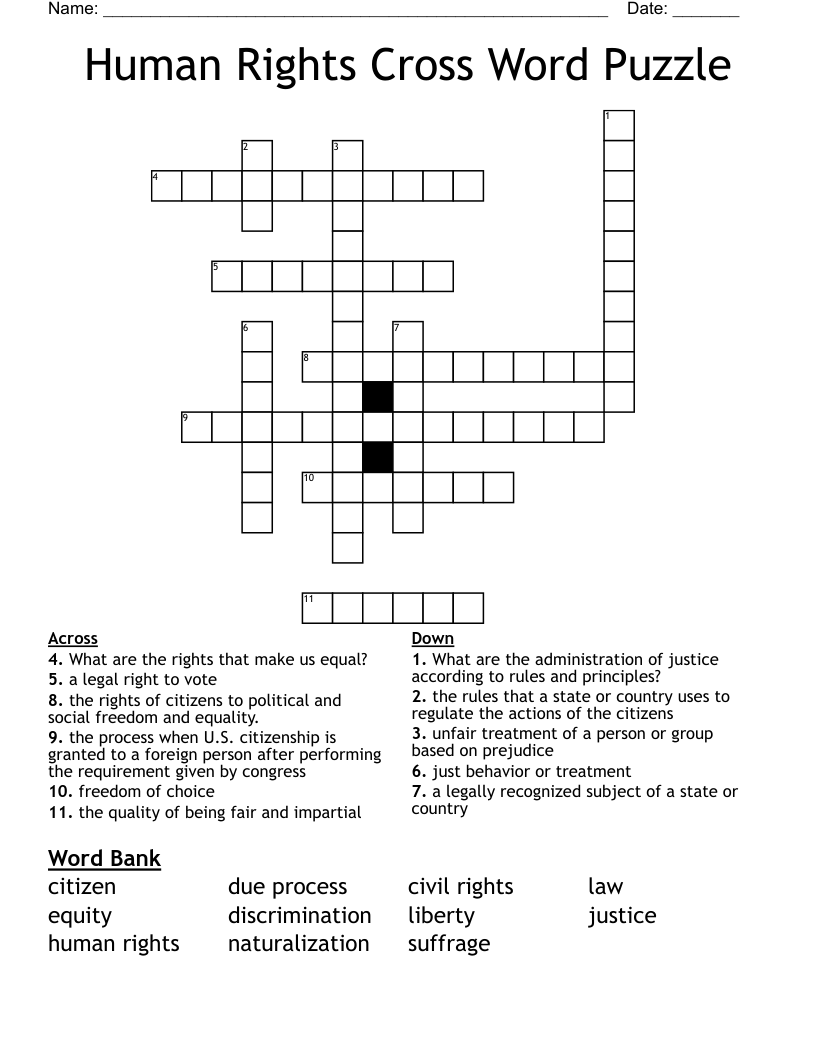 Human Rights Cross Word Puzzle WordMint