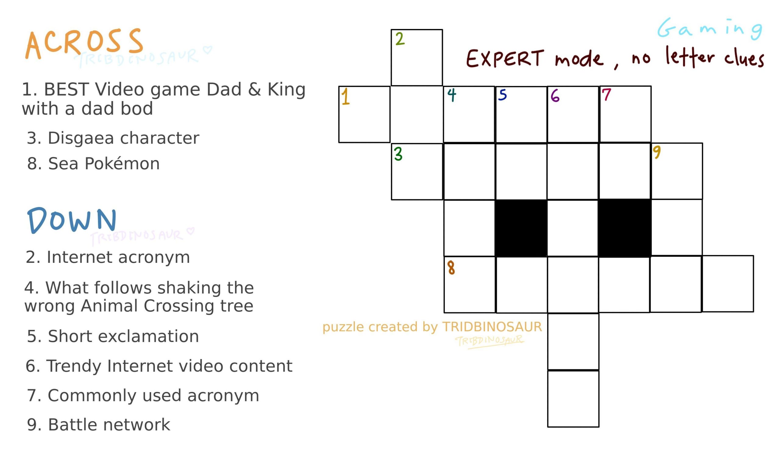 I Made A gaming themed Crossword Puzzle Where Word 1 Has Two Possible Answers Video Game Trivia Knowledge Is Required But You Can Search The Internet Too Enjoy R crossword
