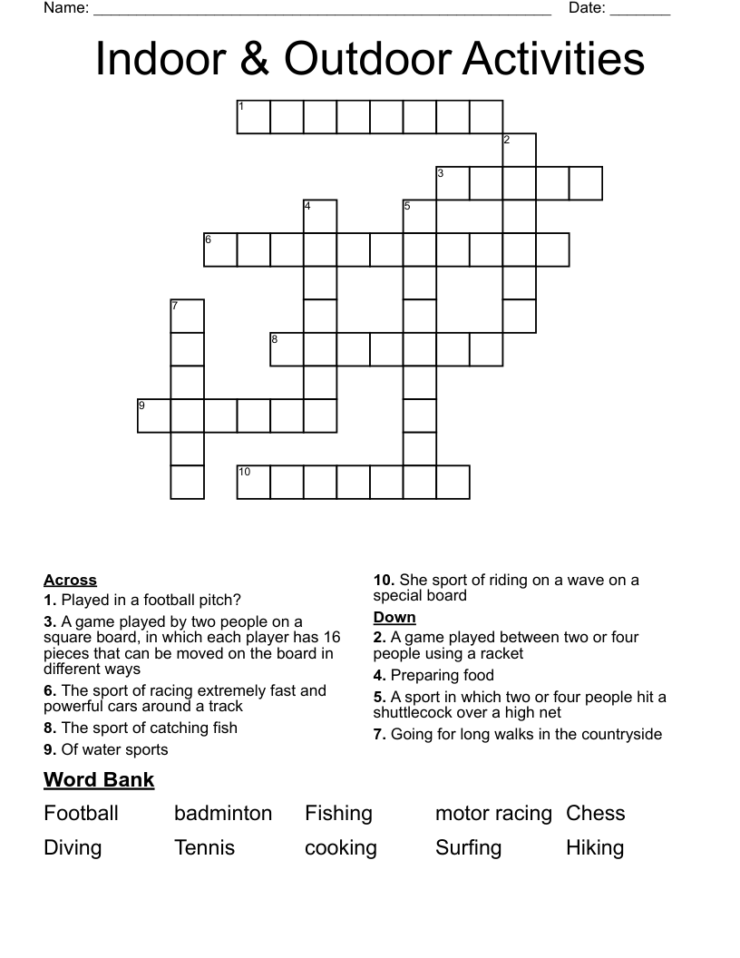 Indoor Outdoor Activities Crossword WordMint Indoor Outdoor Activities Crossword WordMint
