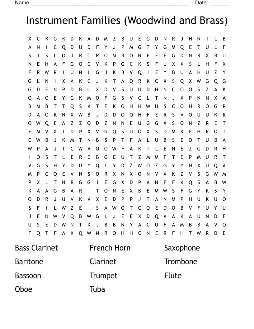 Instrument Families Woodwind And Brass Word Search WordMint