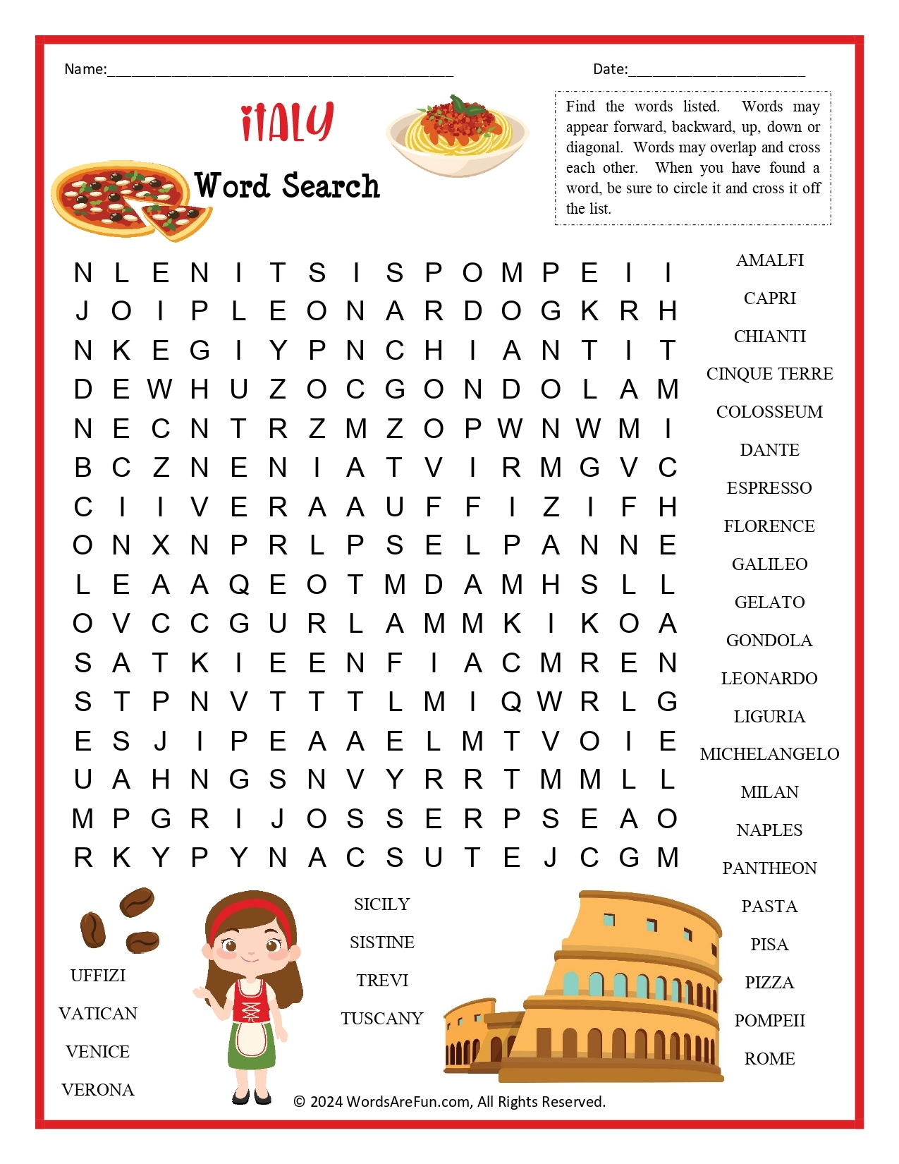 Italy Word Search For Kids Italy Word Search For Kids
