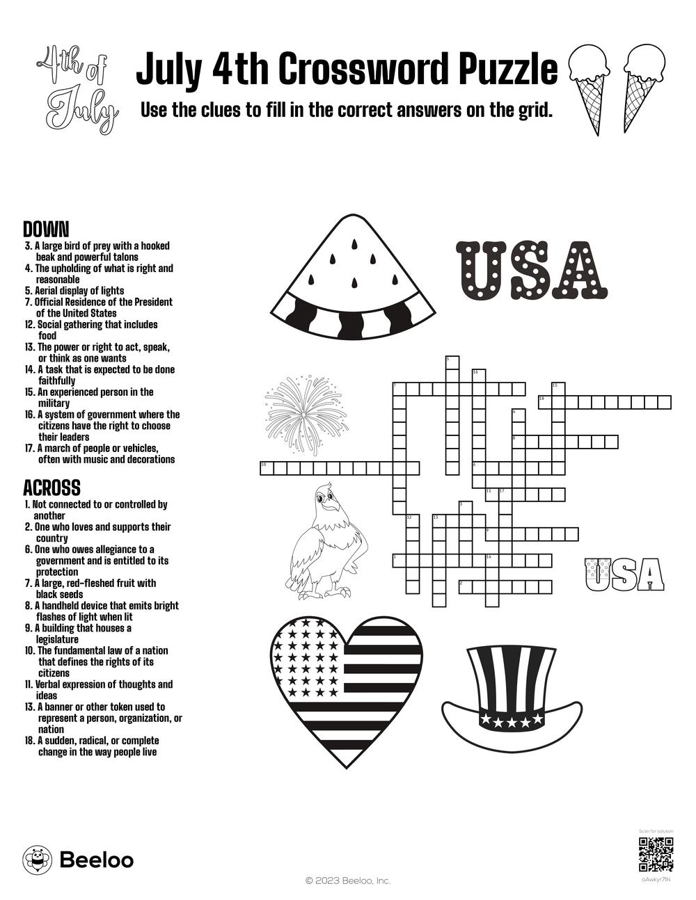 July 4th Crossword Puzzle Beeloo Printable Crafts And Activities For Kids