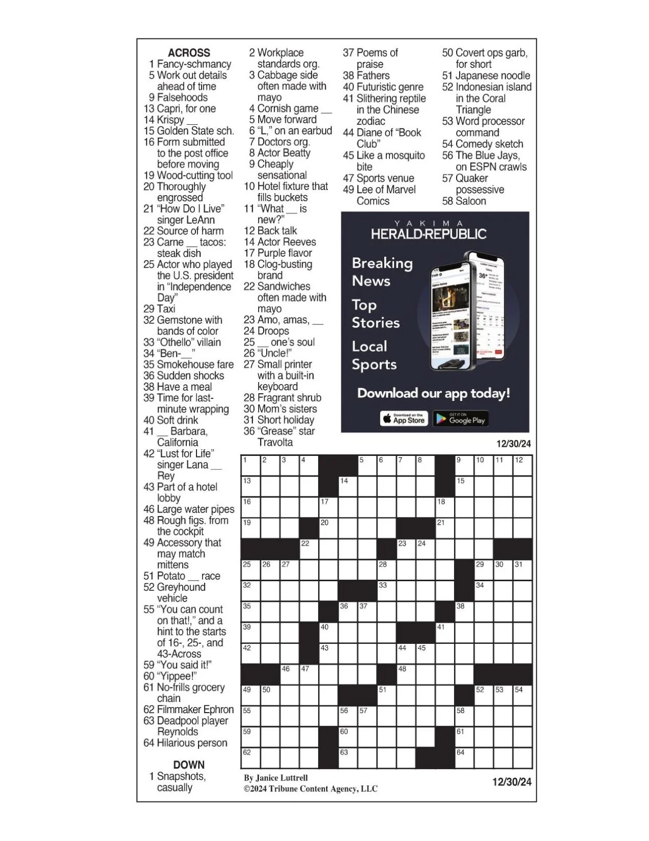 Printable Daily Commuter Crossword Puzzle