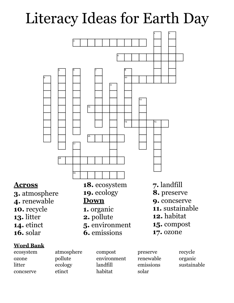 Literacy Ideas For Earth Day Crossword WordMint Literacy Ideas For Earth Day Crossword WordMint