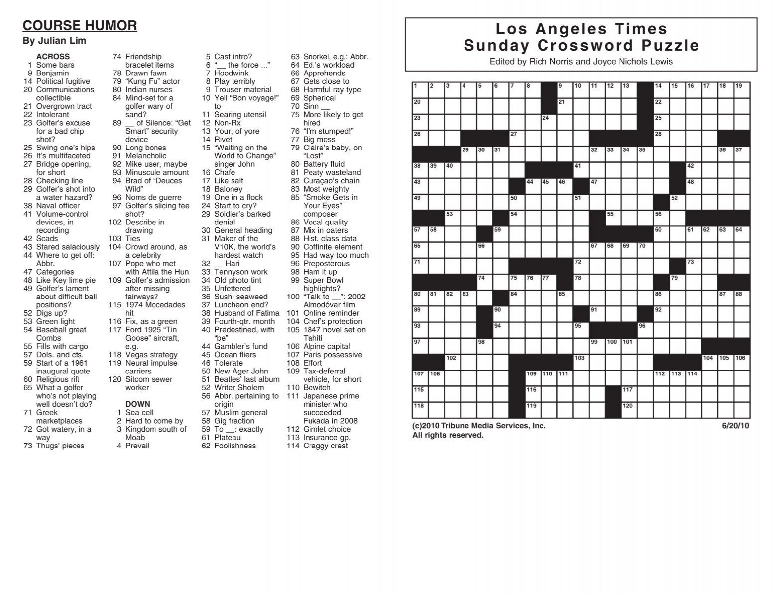 Los Angeles Times Sunday Crossword Puzzle The Best Of Times