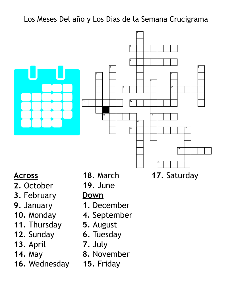 Los Meses Del A o Y Los D as De La Semana Crucigrama Crossword WordMint Los Meses Del A o Y Los D as De La Semana Crucigrama Crossword WordMint