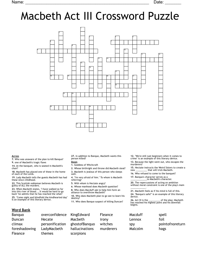 Macbeth Act III Crossword Puzzle WordMint