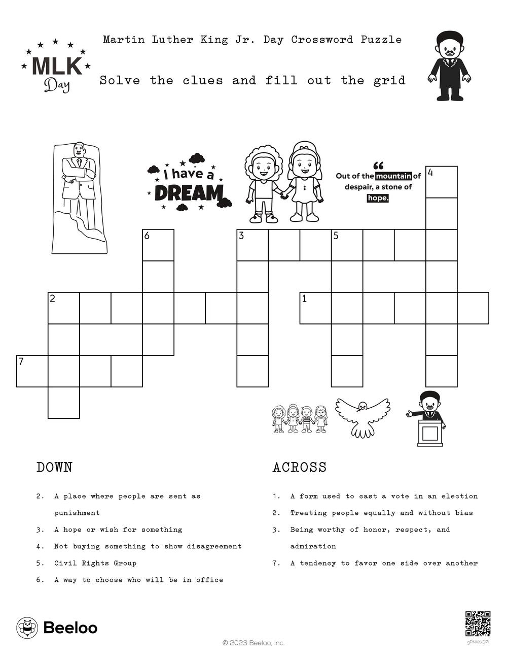 Martin Luther King Jr Day Crossword Puzzle Beeloo Printable Crafts And Activities For Kids