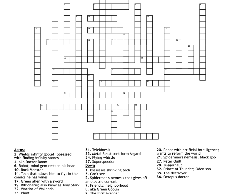 Marvel Crossword Puzzle WordMint