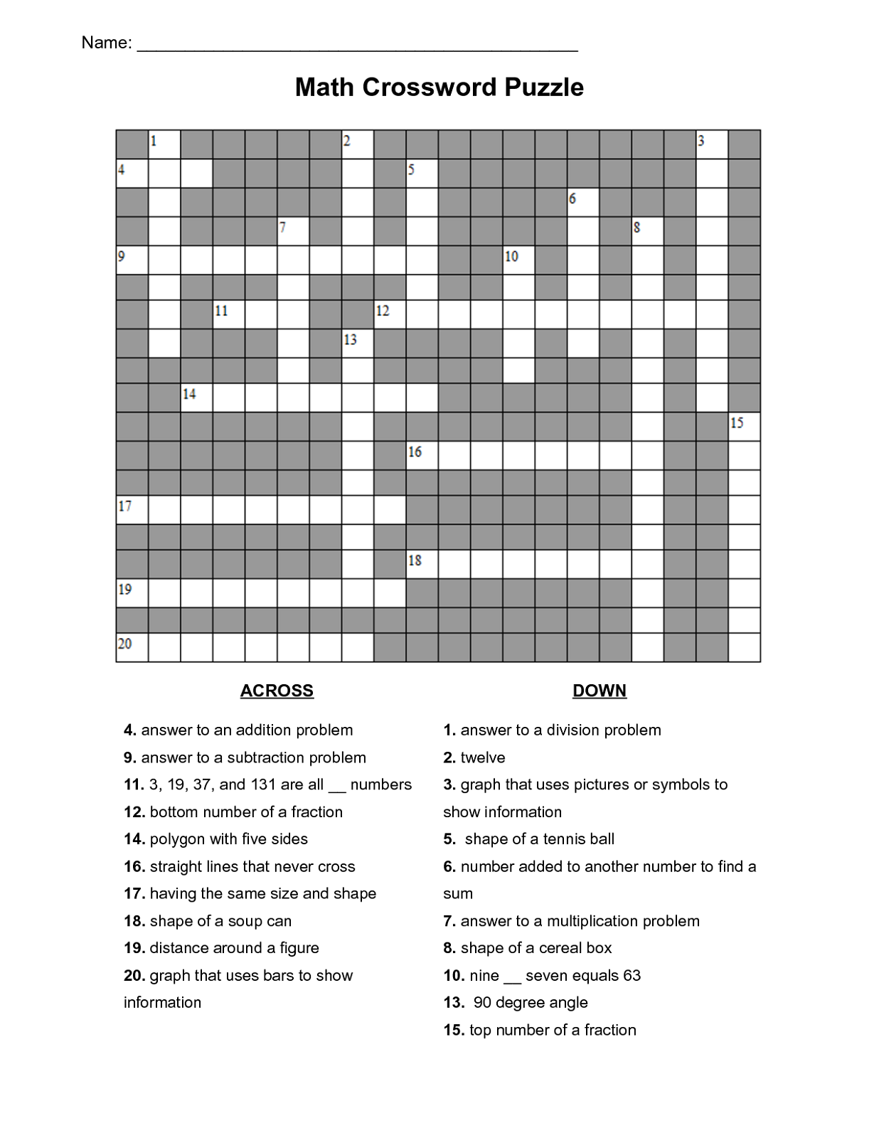 Math Crosswords Printable