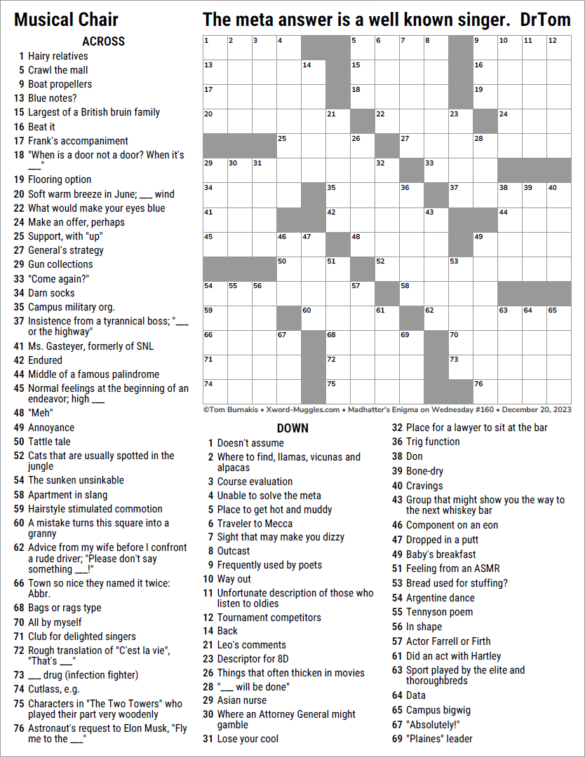 MEOW 160 Musical Chair XWord Muggles Forum