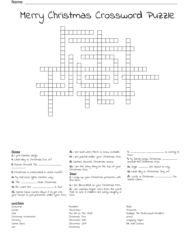 Merry Christmas Crossword Puzzle WordMint