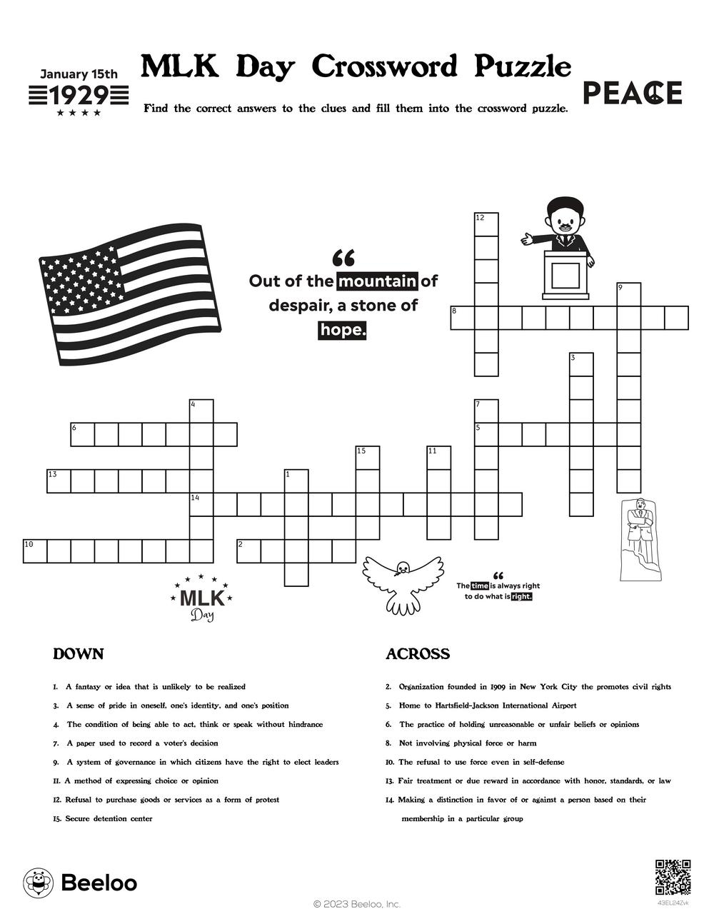 MLK Day Crossword Puzzle Beeloo Printable Crafts And Activities For Kids