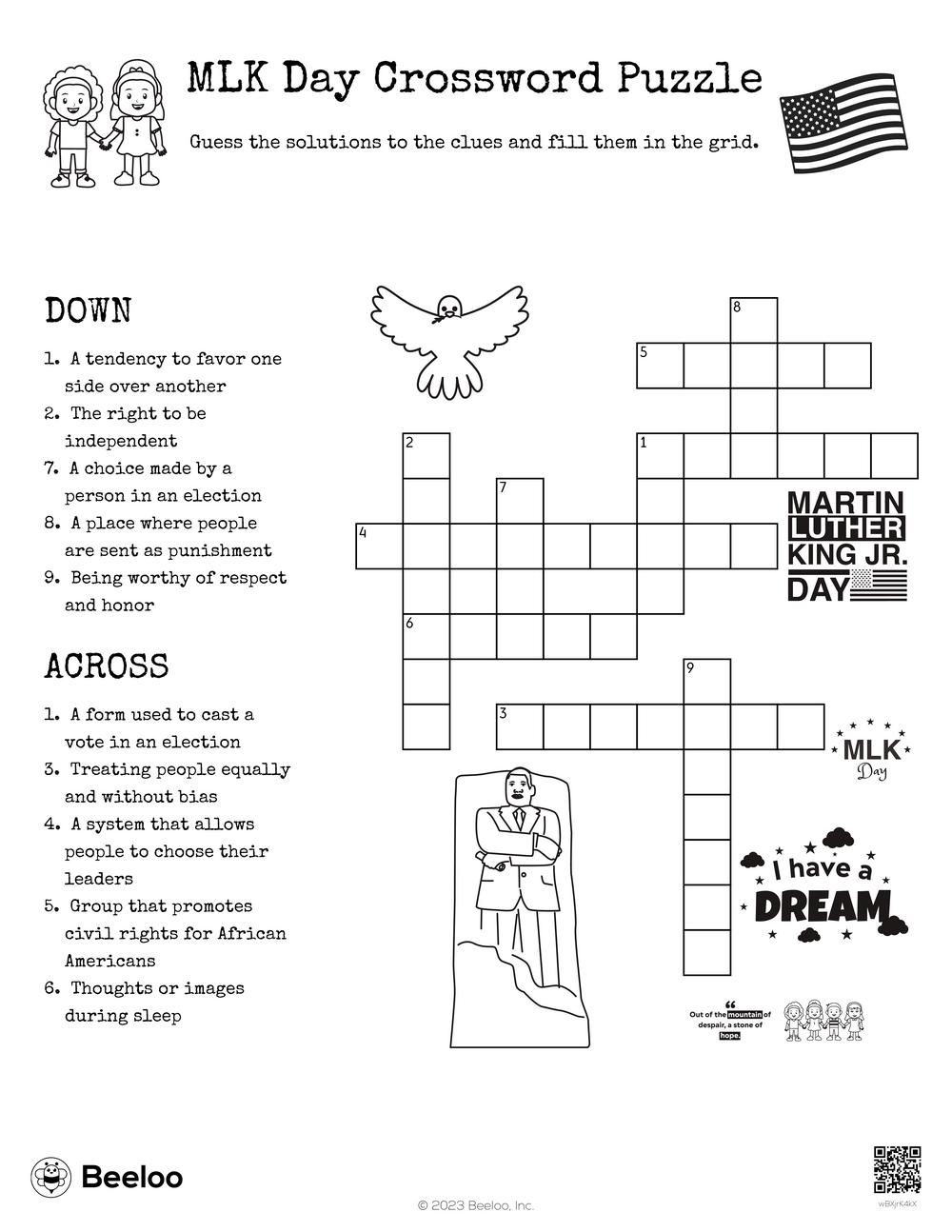 MLK Day Crossword Puzzle Beeloo Printable Crafts And Activities For Kids