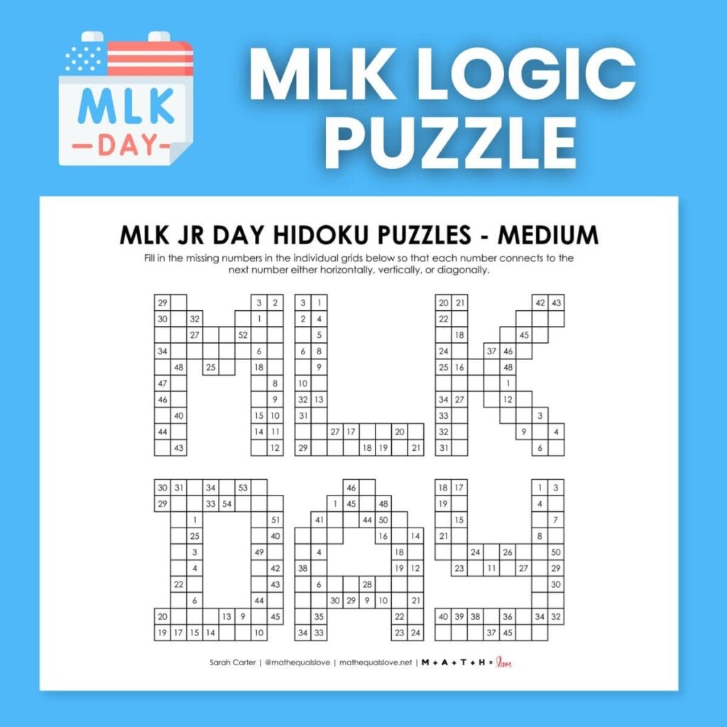 MLK Day Hidoku Logic Puzzles Math Love