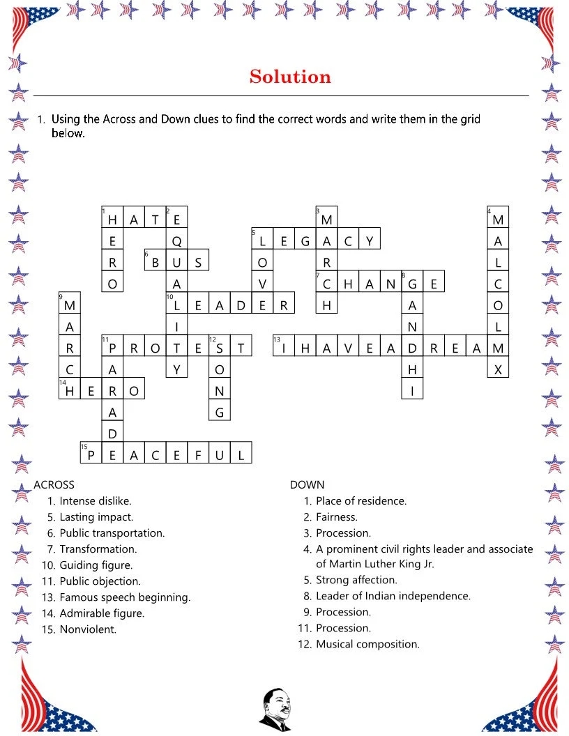 MLK Day Martin Luther King Jr Crossword Puzzle Vocabulary Activity No Prep Printable Worksheet For Kids And Early Finishers Print And Go Etsy
