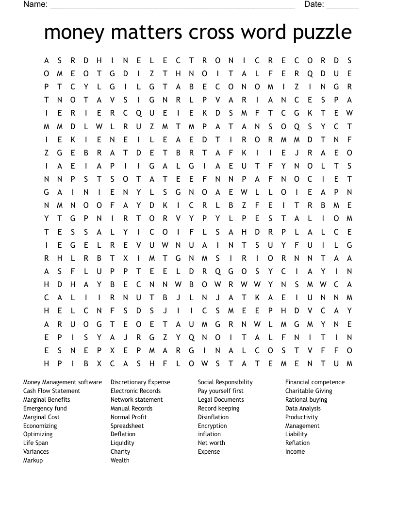 Money Crossword Puzzles Printable