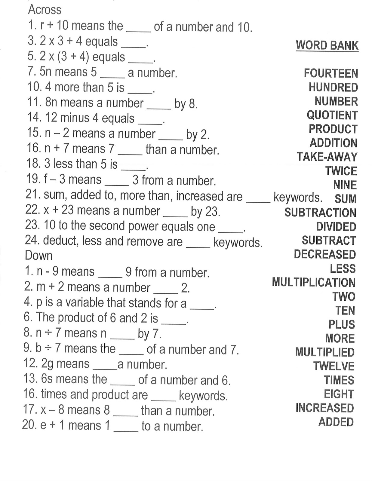 Mrs White s 6th Grade Math Blog TRANSLATING ALGEBRAIC EXPRESSIONS CROSSWORD PUZZLE