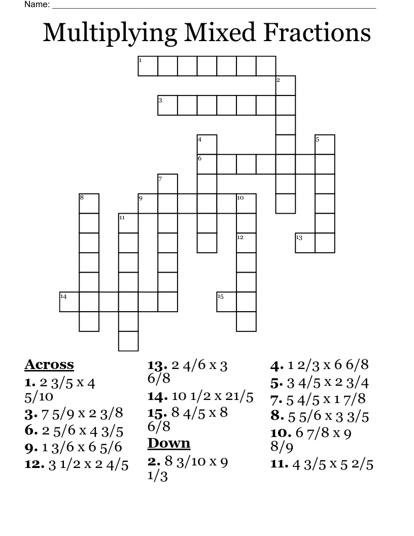 Multiplying Mixed Fractions Crossword WordMint